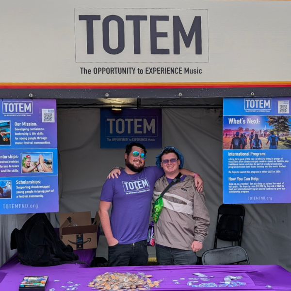 Evan and J.B., who are both TOTEM Board Members, are at the TOTEM Booth at the South Star Music Festival in Huntsville, Alabama. TOTEM is a non-profit that supports underserved individuals at music festivals. 